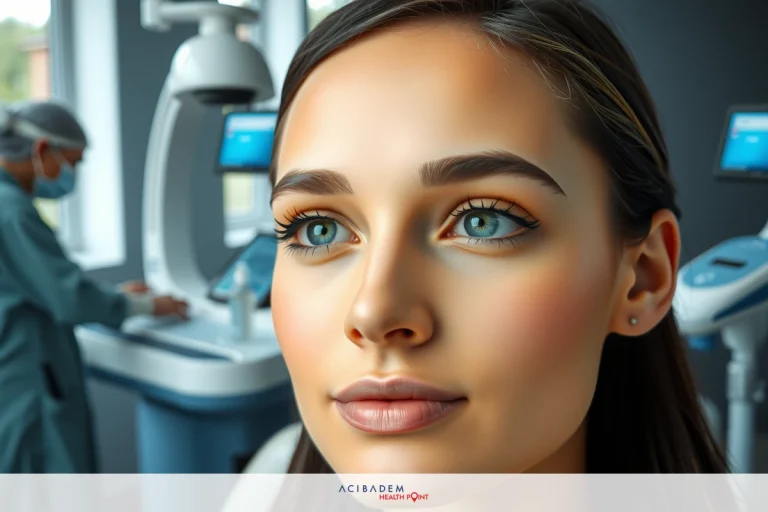 A woman wearing makeup is in a medical setting with a healthcare professional. She's focused on the camera, and there are high-tech diagnostic equipment surrounding her.