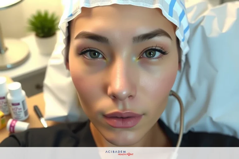 The image shows a person lying in what appears to be a medical setting. There's a blurry background indicating a clinical environment with various medical equipment and supplies.