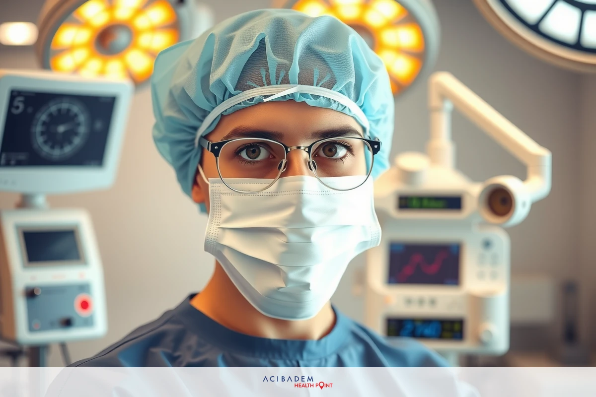 A male medical professional wearing surgical gear, including a face mask and eye protection, standing in an operating room with medical equipment around.