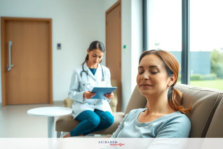 The image depicts a medical consultation room. A doctor in white coat is seated at a desk, interacting with a patient who is reclining on an examination chair.