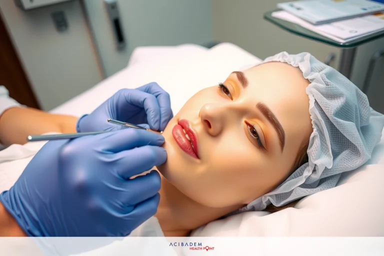 A woman is getting a rhinoplasty, on her nose. The environment appears to be an office or clinical setting with professional lighting and equipment visible in the background.