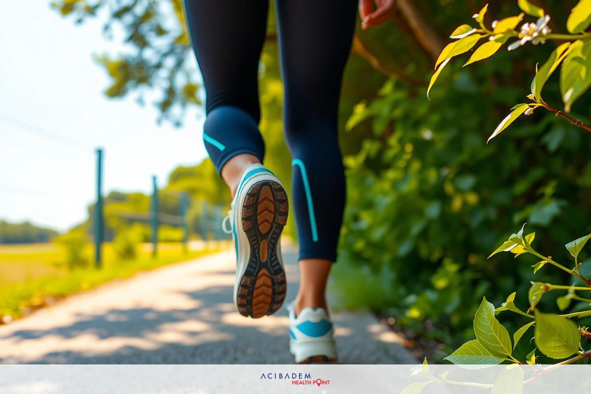The image shows a person jogging on a path. The person is wearing athletic clothing, including shorts, and has one foot raised in motion while the other foot is flat on the ground.