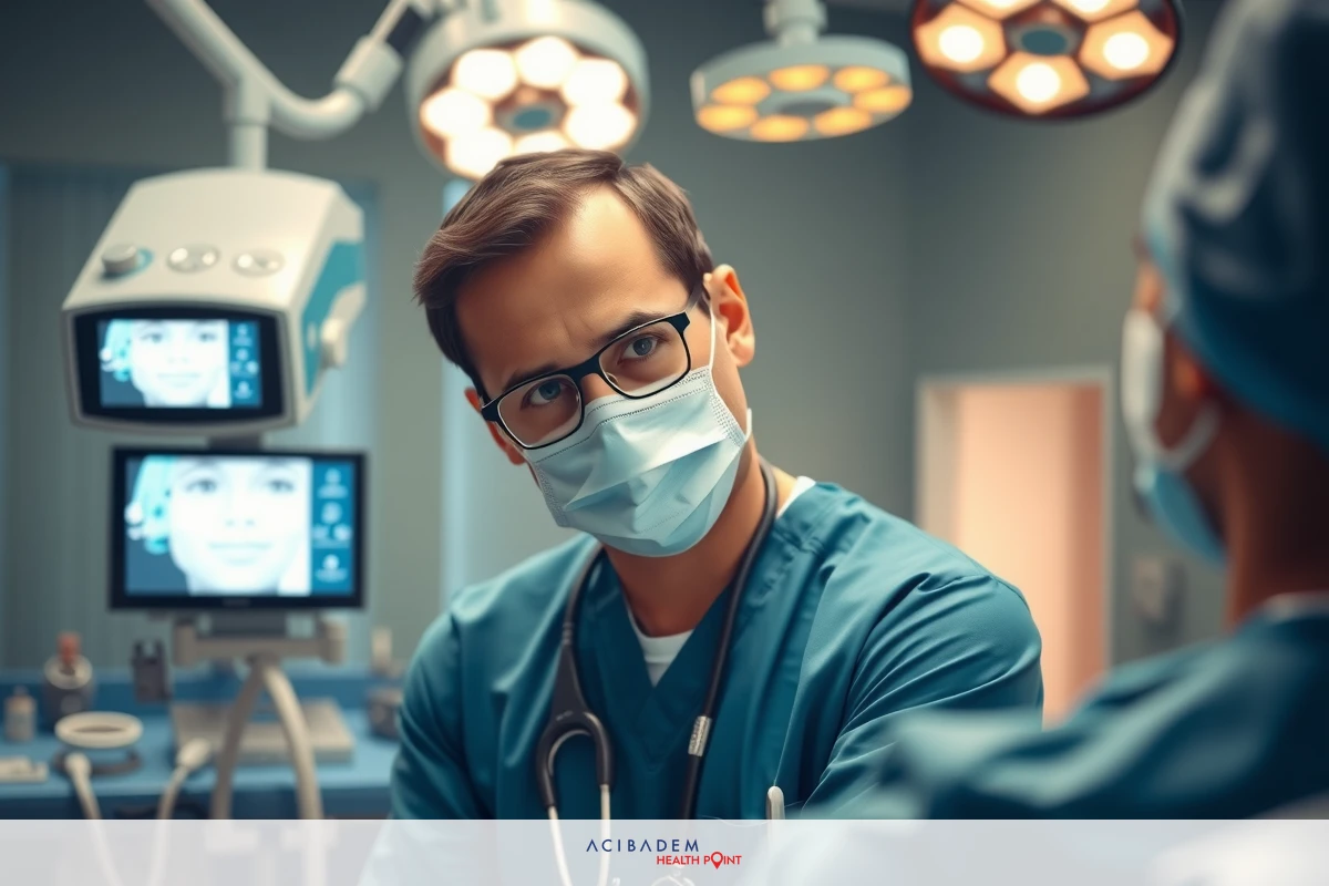 The image depicts a medical operating room scene. In the center, there is a surgeon wearing surgical attire and a face mask. The surgeon is looking directly at the camera with a focused expression.