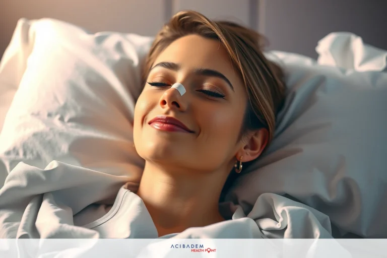 A woman with her eyes closed is smiling while lying in bed. She has a bandage on her forehead and appears to be at peace. The room has warm lighting and the sheets are white.