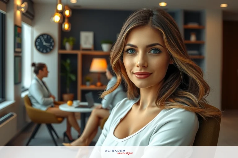 The image shows a young, attractive woman sitting in an office setting. She is wearing a white blouse and has a professional appearance.