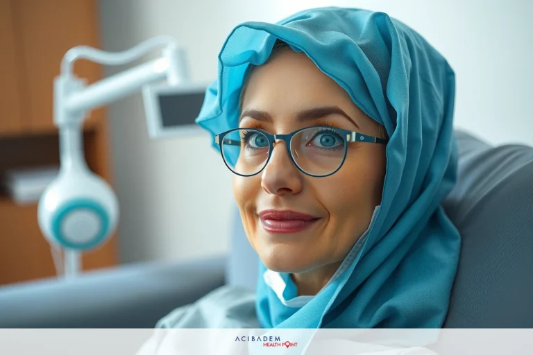 A woman wearing glasses and a blue headscarf looks at the camera in an office setting. The equipment and chairs in the background suggest a hospital.