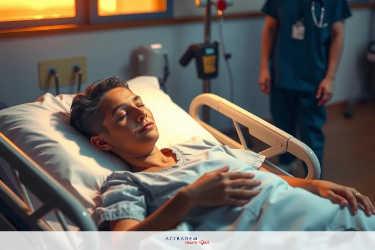 A young person is lying in a hospital bed, appearing relaxed with their arms resting on their chest. The environment suggests a medical setting with healthcare staff attending to the patient's needs.