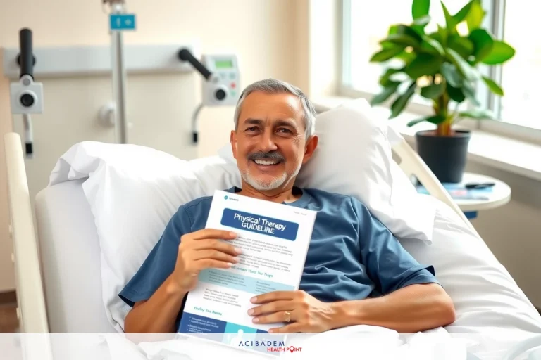 Happy man in a hospital bed holding a folder, smiling, and appearing to read or present information. The environment is brightly lit with medical equipment visible.