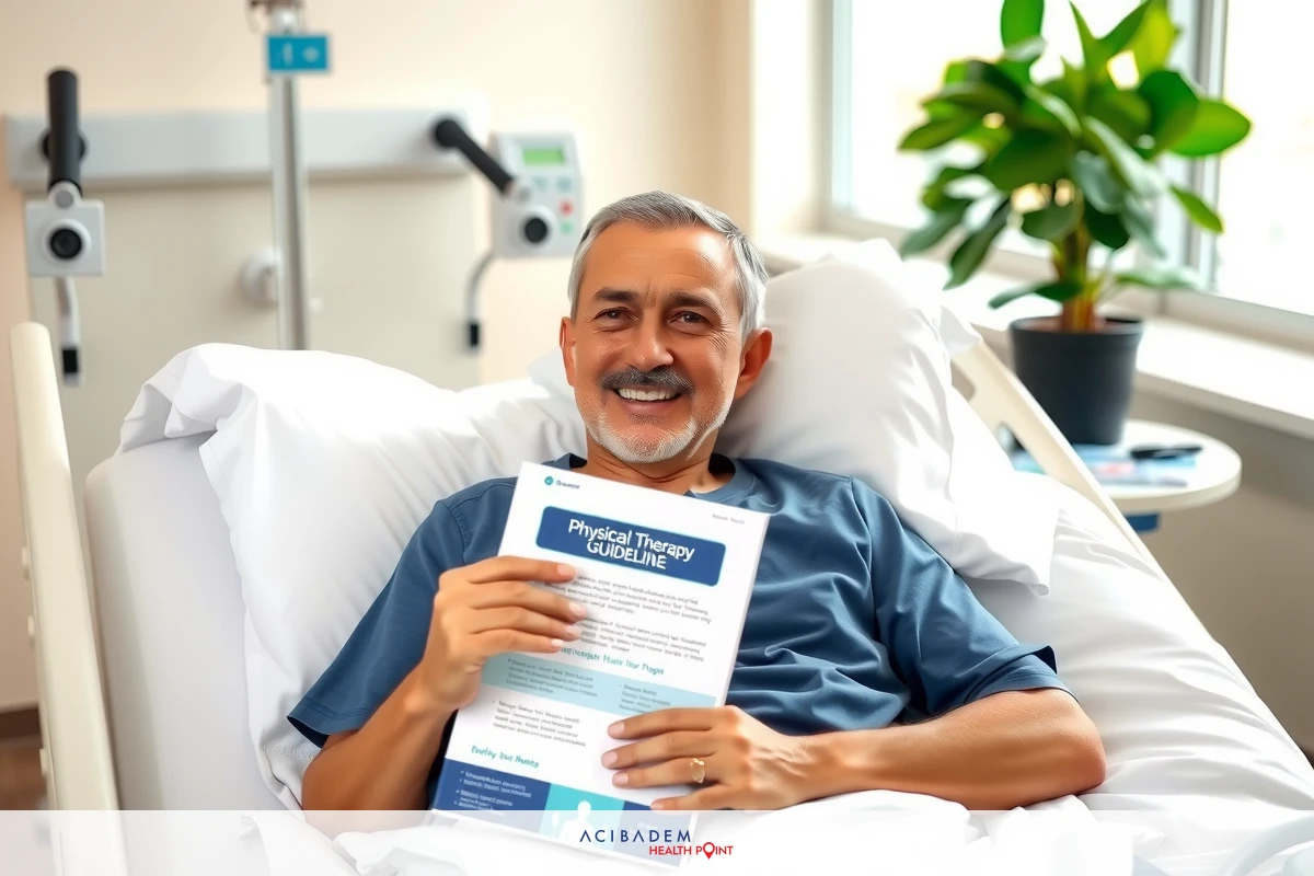 Happy man in a hospital bed holding a folder, smiling, and appearing to read or present information. The environment is brightly lit with medical equipment visible.