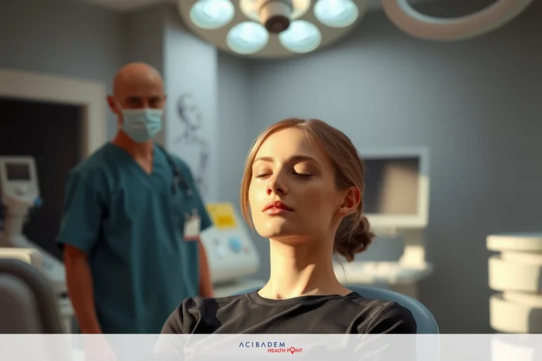 The image depicts a scene within an operating room with medical personnel and equipment. There is a person lying on what appears to be a surgical table, presumably in preparation for surgery.