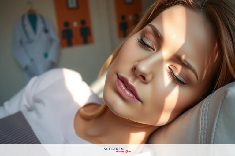 How They Do Rhinoplasty A woman with her eyes closed, suggesting she is relaxed or sleeping. Her features are soft and serene against a warmly lit background with sunlight streaming in through the window blinds.