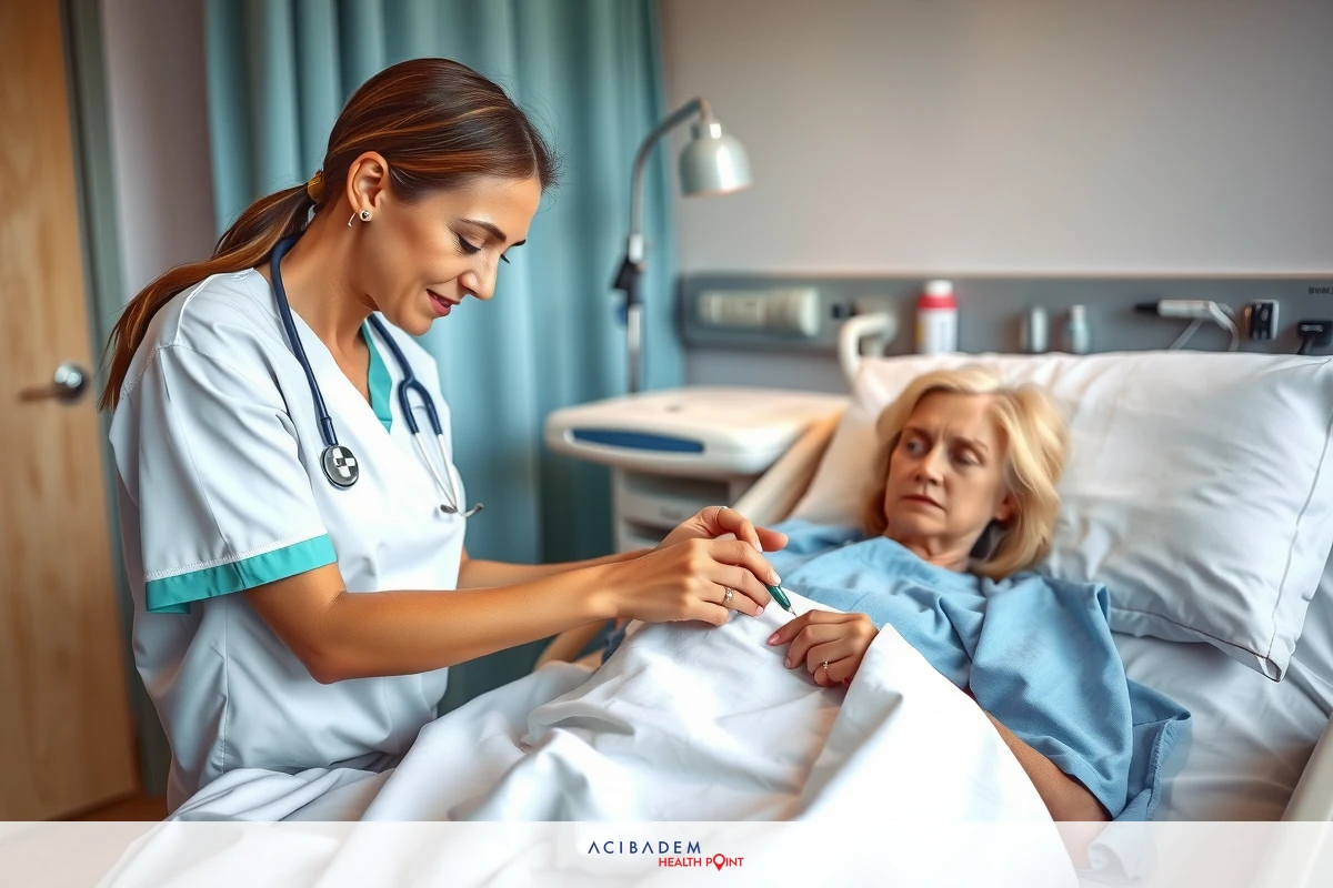 A nurse is attending to a patient in the hospital. She is checking vital signs while the woman lies on the bed, with a medical device nearby.