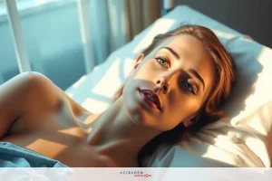 The image depicts a woman lying on her back, her head turned to the side, looking into the distance. She has light skin and is wearing no clothes that are visible in the frame. The environment suggests an indoor setting with a bedroom window letting in natural sunlight that casts shadows on the wall behind her.