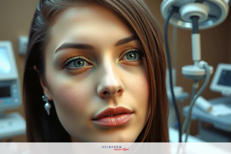 Can I Dye My Hair Before Rhinoplasty? Young woman with a serious expression, dark hair and blue eyes in an indoor medical setting. She's facing the camera while possibly at a doctor's office or clinic.