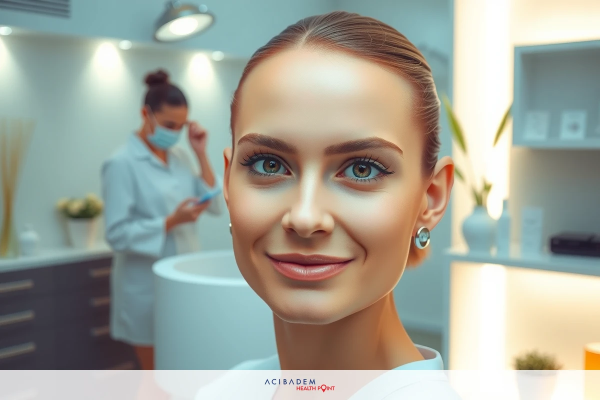 The image features a woman in a clinic, smiling at the camera. There is other women in white uniforms working behind her.