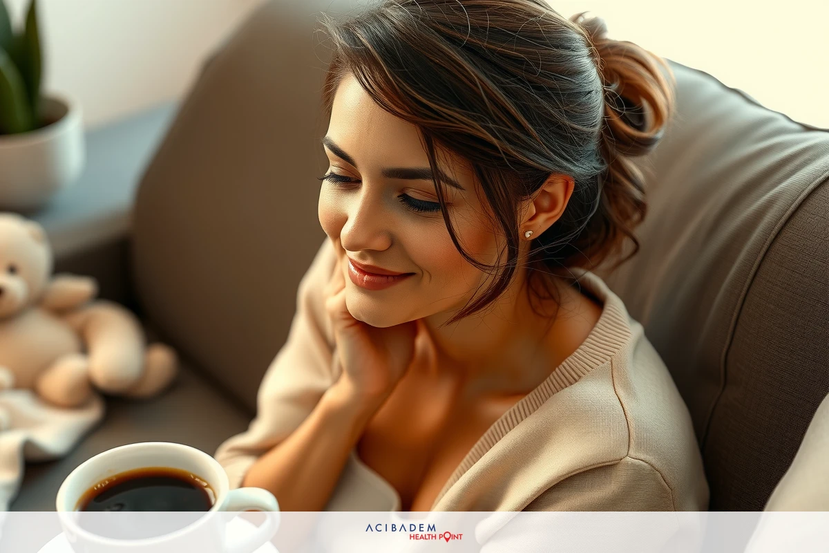 The image depicts a woman sitting on a couch, smiling and appearing relaxed. She has dark hair and is wearing casual clothing that suggests comfort. There's a coffee cup in her hands, indicating she might be enjoying a warm drink.