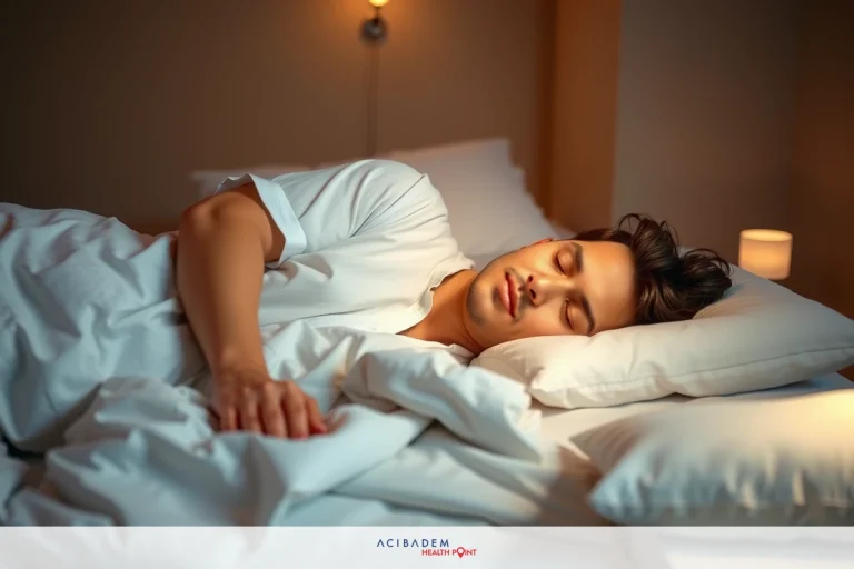 A young couple, sleeping in a hotel bed with white linens. The man is on his stomach while the woman lies beside him, both resting peacefully.