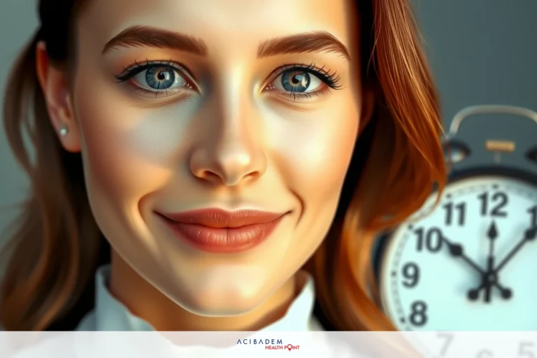 The image features a young woman with fair skin, blue eyes, and blonde hair. She has a warm smile and is looking slightly to the left.