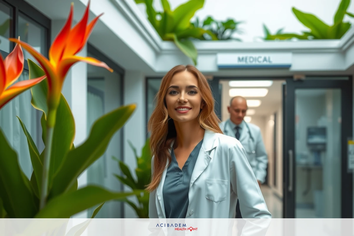 The image depicts an indoor setting with two individuals. A woman, who appears to be a doctor or medical professional, stands prominently in the foreground with a welcoming expression. She is dressed in a white lab coat and other professional attire.