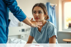 Image depicts a medical examination scenario. A female patient is seated on a hospital bed, wearing a blue nurse's uniform. An attending physician in blue scrubs is standing over her, placing their hand gently on the patient's chest.