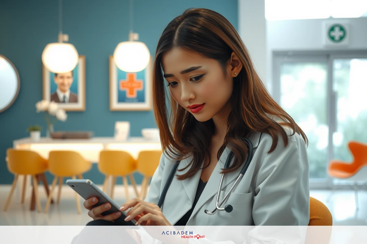 The image depicts a woman sitting at a desk in an office environment. She is wearing a white lab coat, which suggests she may be a healthcare professional such as a doctor or nurse. Her attention seems to be focused on the cell phone she is holding and interacting with.