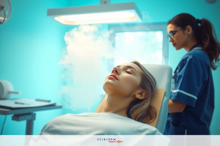 In the image, a woman is lying on her back in an examination chair, covered with a sheet and wearing medical gear. A professional wearing a surgical gown stands by her side.