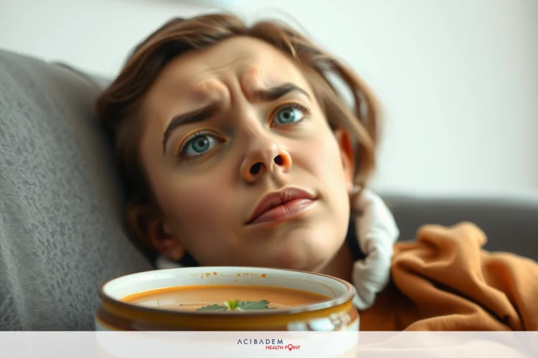 The image depicts a person with a surprised or concerned expression, sitting on a couch and holding a cup of soup. The individual appears to be indoors, possibly at home, as evidenced by the sofa and casual attire.