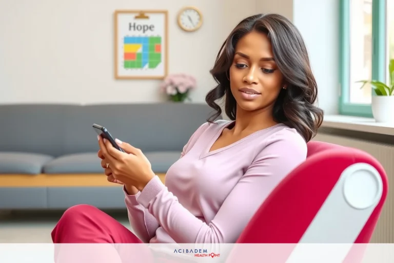 The image shows a woman sitting on an office chair, engrossed in her cell phone. She appears to be focused or perhaps waiting for a call or message. The room has a modern and well-lit ambiance with a comfortable couch visible in the background, suggesting it might be a meeting or interview setting.
