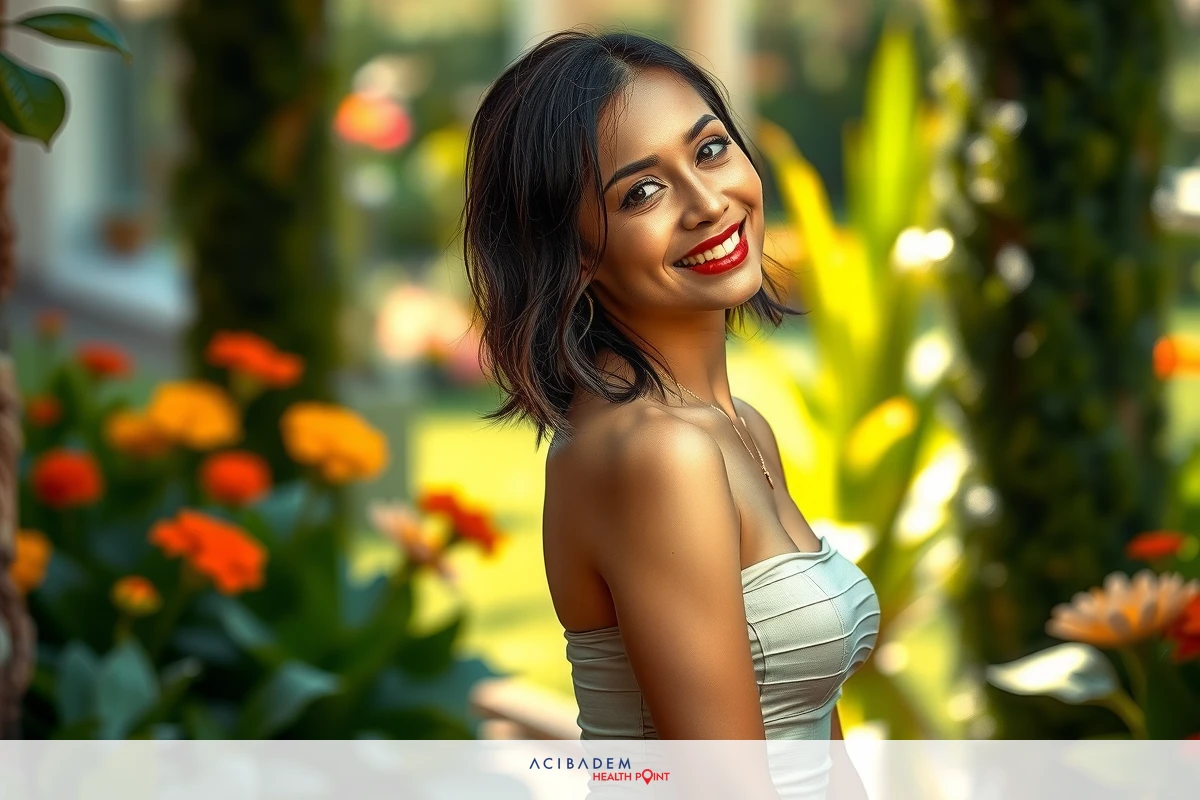 A young woman smiling at the camera, wearing a sleeveless top with a vibrant garden in the background. The flowers are in shades of yellow and orange.