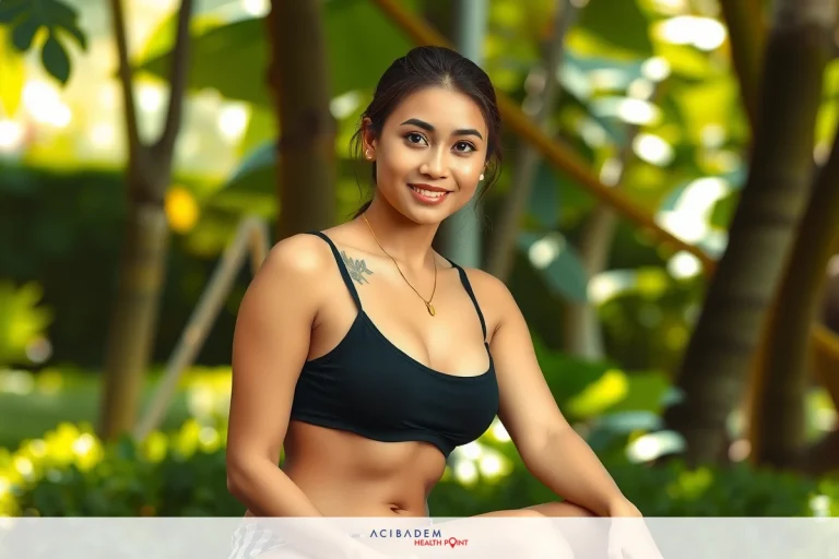 A woman wearing a black sports bra and sitting on the grass in an outdoor setting, smiling at the camera.