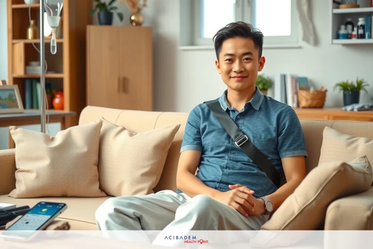 The image shows a man sitting on a couch in what appears to be a modern, well-lit living room. He is wearing casual attire and has a friendly demeanor. There are various personal items and decorations around him, such as books, and a mobile phone on the coffee table in front of him.