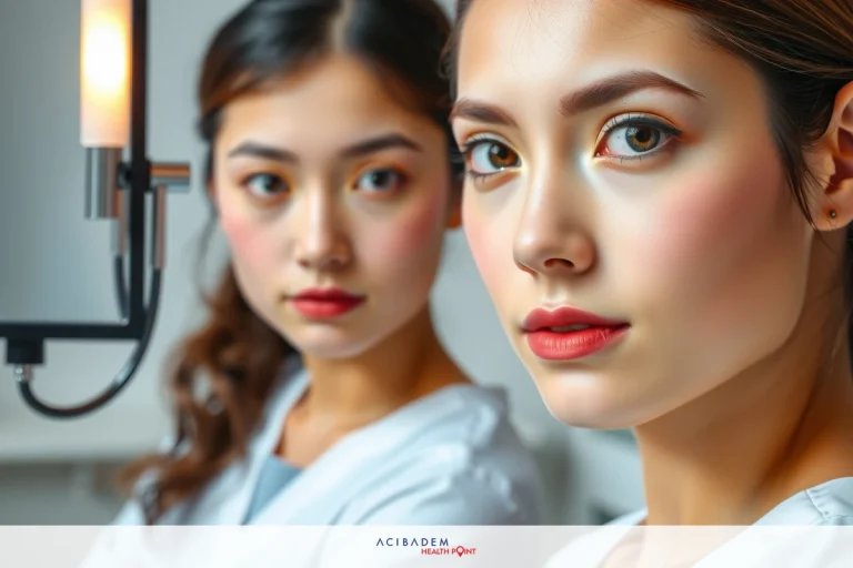 The image shows two women looking into a mirror. The woman in the foreground has red lipstick and is wearing white attire that appears to be medical scrubs.