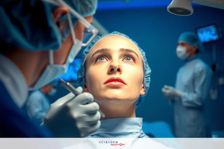 A person getting a facial surgery with medical professionals. Surgeons wearing gloves and masks, operating on face.