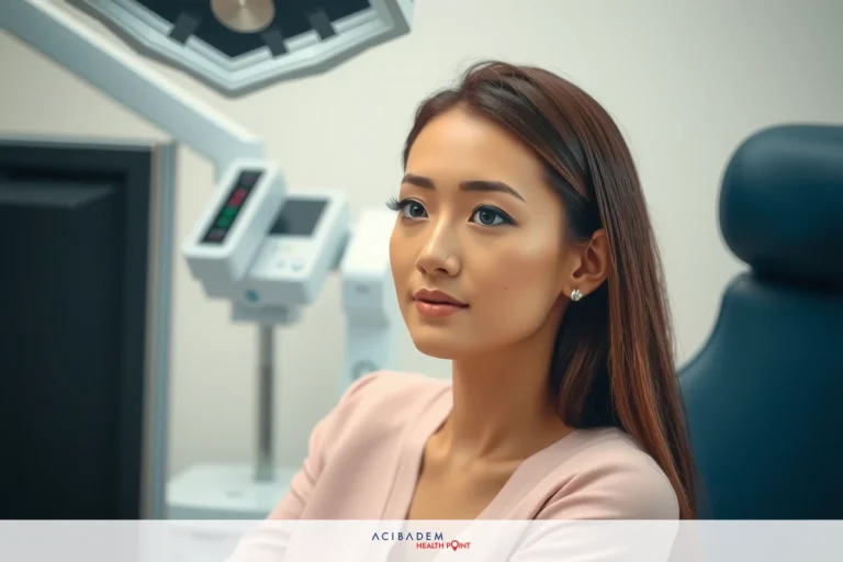 How Much Does a Rhinoplasty Plus Septoplasty Cost A woman seated in a examination chair with medical equipment around her, displaying a concerned or focused facial expression.