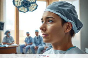 In a medical setting, a doctor in scrubs is the main focus. A patient is seated on an examination table while surgeons and nurses observe. The environment suggests a hospital operation room.