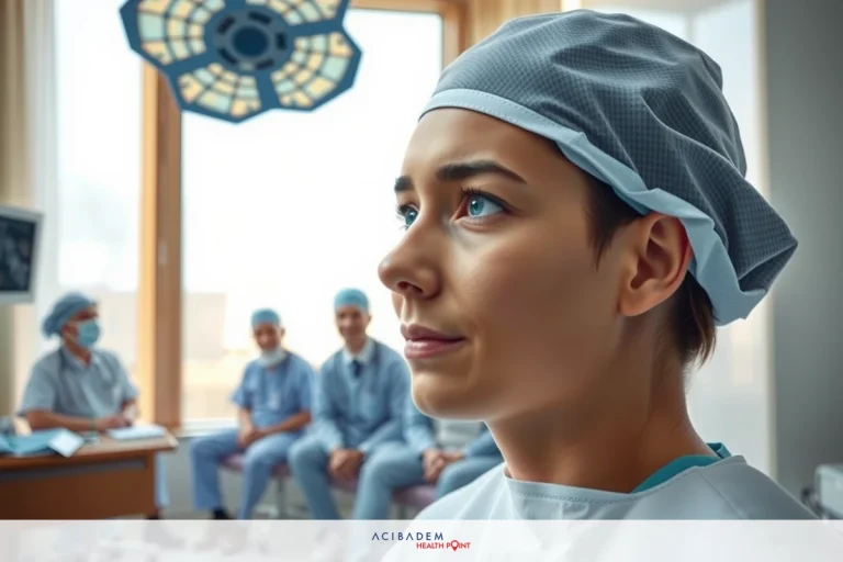 How to Get a Rhinoplasty on the NHS In a medical setting, a doctor in scrubs is the main focus. A patient is seated on an examination table while surgeons and nurses observe. The environment suggests a hospital operation room.