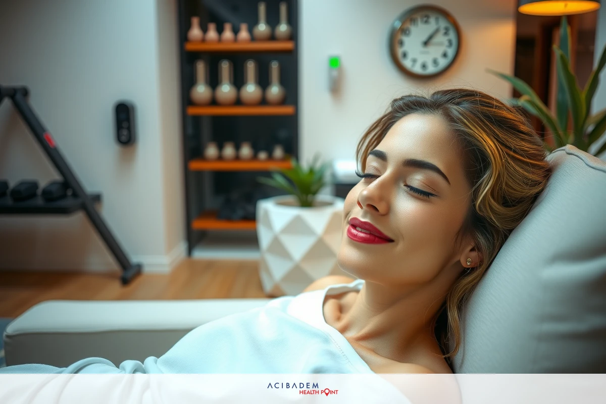 A young woman lying down with her eyes closed in a modern living room setting, enjoying the convenience of technology-enabled relaxation. The environment is cozy and minimalistic, suggesting a focus on tranquility and comfort. She has red lipstick on, which adds a touch of elegance to her appearance.