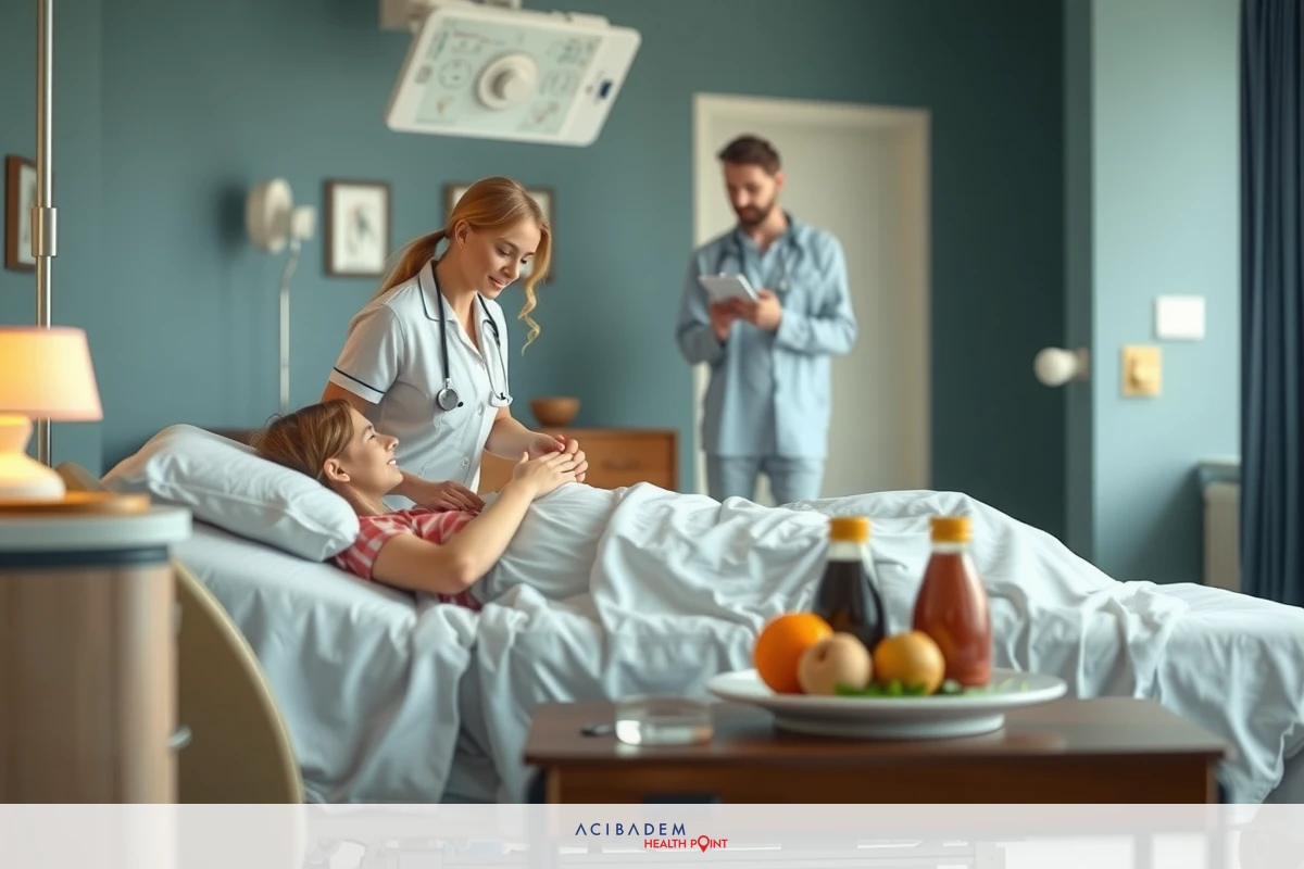 In the image, there is a hospital room with two medical professionals attending to a patient. One of them appears to be taking vital signs while the other is standing by, possibly assisting or observing. The room has a modern design, with a color scheme that includes light blues and greens for the walls and furnishings.