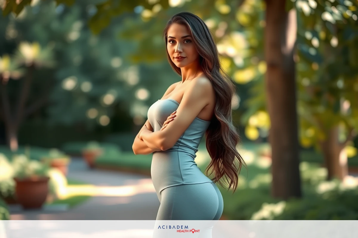 The image shows a woman standing outdoors. She is dressed in an elegant, sleeveless dress that accentuates her figure. Her long hair falls over one shoulder and she has her hands on her hips. The environment suggests a park or garden setting with trees providing shade.
