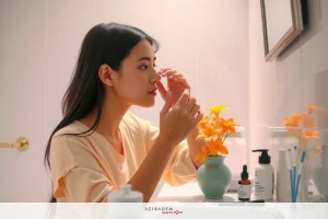 A young woman applying makeup in front of a bathroom mirror. The bathroom features a white counter with various skincare products, and there are flowers near the sink area.