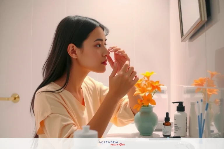 Why Can’t I Blow My Nose After Rhinoplasty A young woman applying makeup in front of a bathroom mirror. The bathroom features a white counter with various skincare products, and there are flowers near the sink area.