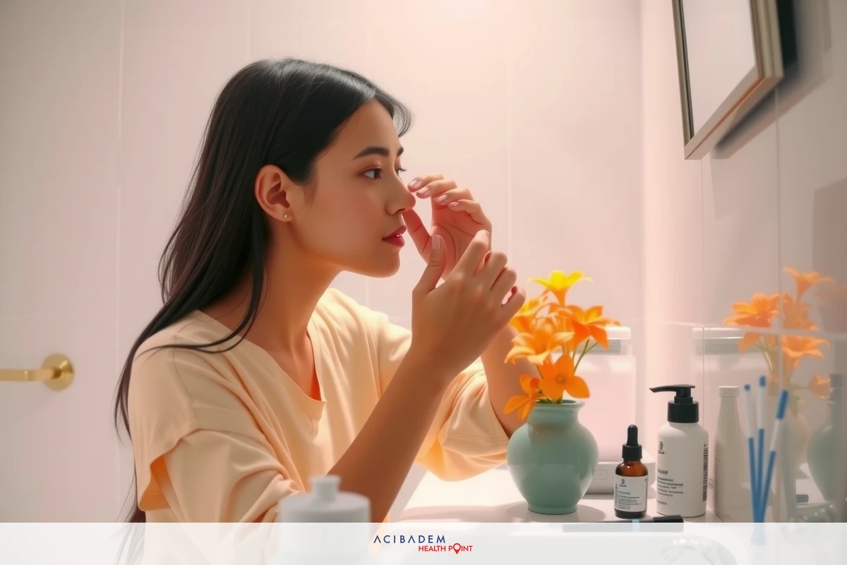 A young woman applying makeup in front of a bathroom mirror. The bathroom features a white counter with various skincare products, and there are flowers near the sink area.