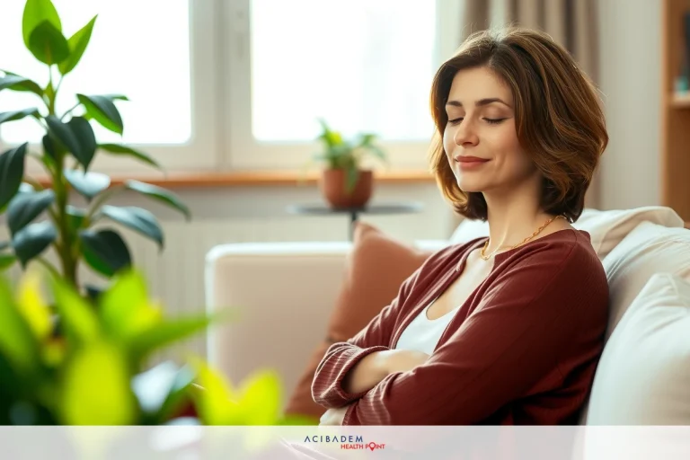 Can Return to Work Rhinoplasty Woman in a cozy living room, seated on couch with her eyes closed, possibly enjoying peacefulness or deep thought. She's wearing a maroon jumpsuit and is surrounded by plants that add to the relaxed atmosphere.