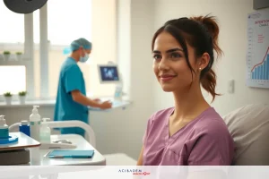 The image depicts a medical setting with two individuals. The woman in the foreground, dressed as a medical professional, is seated and smiling towards the camera. In the background, another person, likely a male medical professional due to attire, is focused on work at a desk with various items that suggest healthcare-related tasks.