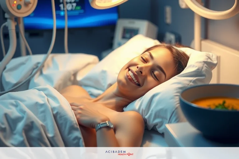 A smiling woman in a hospital bed, hooked up to medical equipment, with a bowl of soup by her side. The atmosphere suggests a moment of comfort and connection during the healthcare experience.
