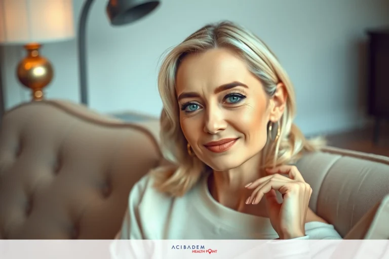What is Rejuvenation Rhinoplasty? Woman wearing light-colored top, sitting on couch with neutral backdrop; her attire is casual and she has a relaxed posture.