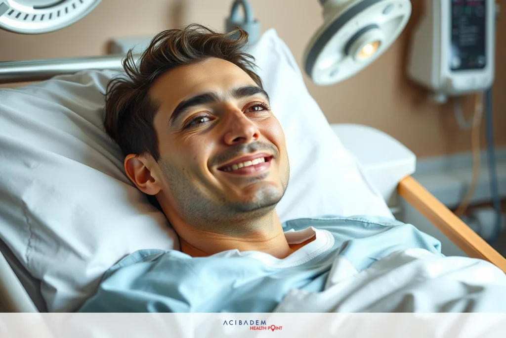 When Can You Sneeze After Rhinoplasty A man smiling at the camera while lying in a hospital bed. He has short dark hair and is wearing a medical gown. The room appears to be well-lit, likely due to the presence of fluorescent lighting typical of hospitals.
