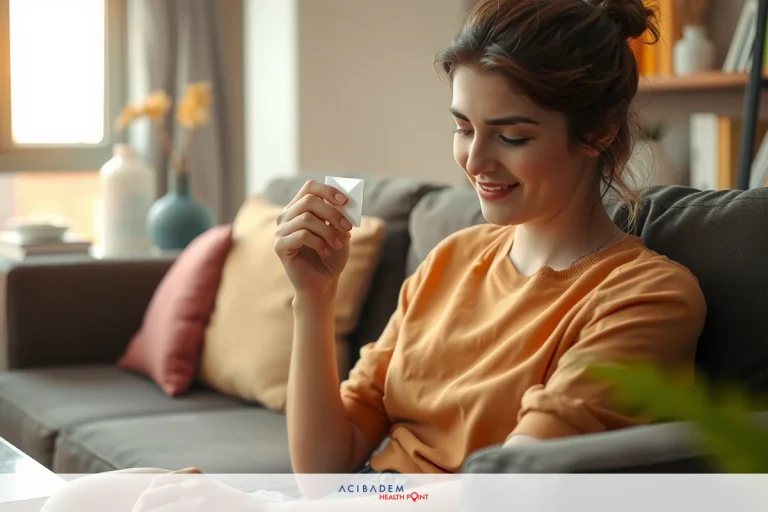 A woman sitting on a couch, smiling and holding a piece of napkin. She is wearing an orange top and blue jeans.