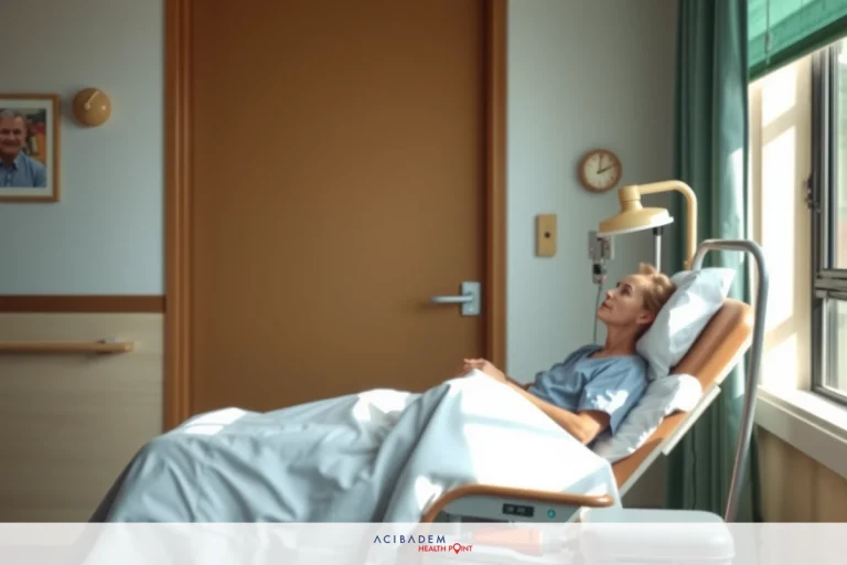 A person lying in a hospital bed, surrounded by medical equipment. The patient is connected to an IV drip and there's monitoring equipment nearby. The room has a window allowing natural light to enter and a picture on the wall.