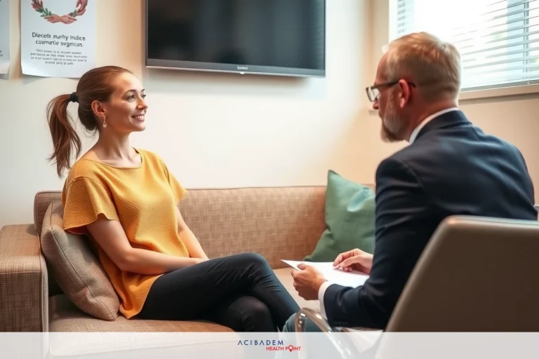 BBL Surgery Cost in Alabama The image shows two individuals in an office environment. The woman appears to be the subject of an interview or discussion, seated and engaged with the man who is standing beside her, possibly asking questions or conducting a meeting. The office has a modern design with sleek furniture and light colors, indicative of a professional setting.